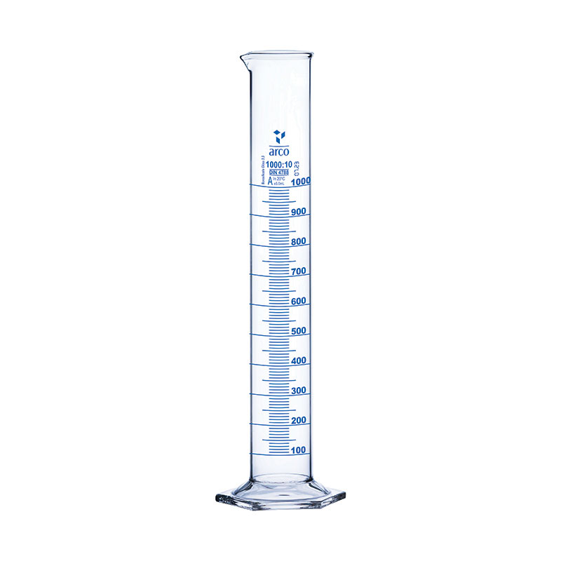 EPROUVETTE EN VERRE A BEC PIED HEXAGONAL GRADUATION BLEU